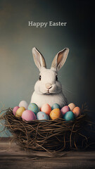 Easter postcard with a white bunny, willow wicker basket and colored eggs. Greeting Easter card.