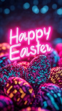 Galactic Easter card with pixelated Easter eggs and glowing neon lettering Happy Easter. Modern computer graphics postcard.