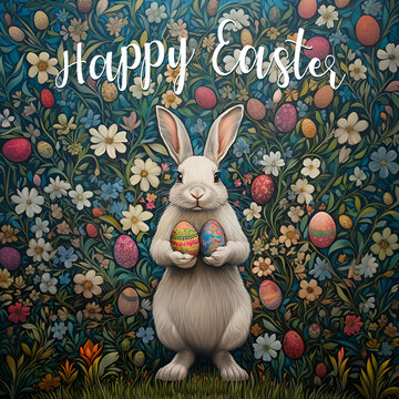 Easter postcard with a white rabbit painted and colored eggs on floral wallpaper background. Greeting Easter card.