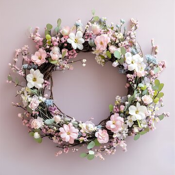 Willow wreath with pink flowers. Spring greeting card.