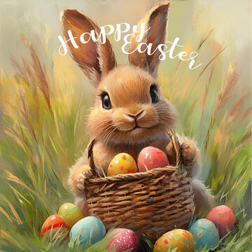 Easter postcard with a cute bunny painted in oil paints, with a wicker basket and colored eggs. Greeting Easter card.