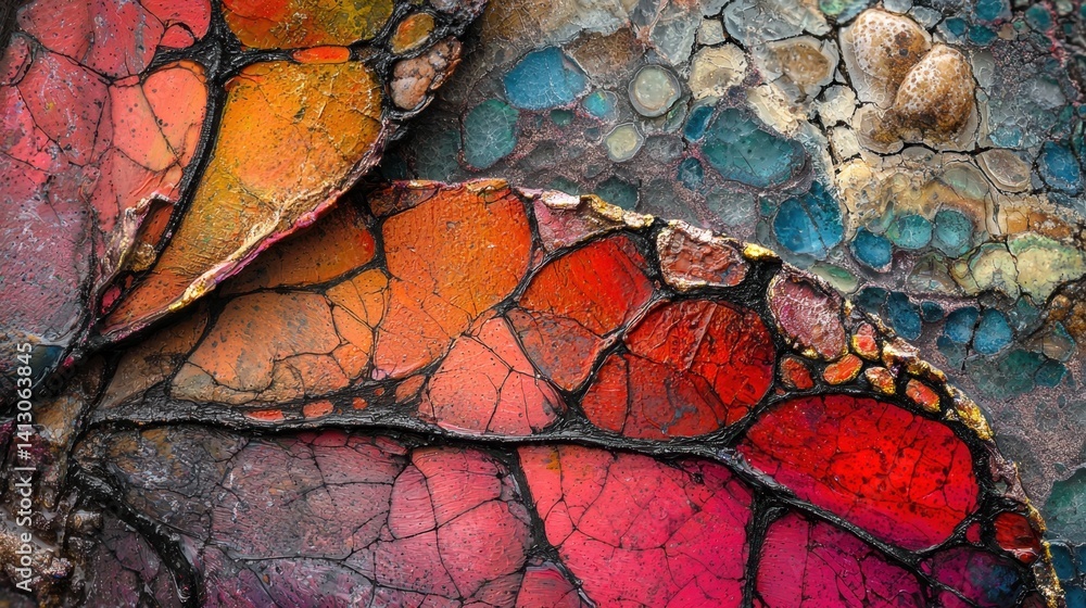 Poster colorful patterns showcase a collage of leaf-like shapes with vivid oranges, reds, and blues intrica