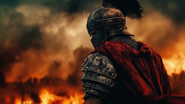 Roman warrior stands ready amidst blazing battlefield and thick smoke.

