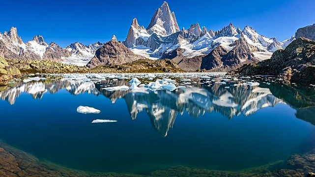 Majestic Mount Fitz Roy reflected in tranquil glacial lake under clear blue sky