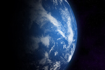 Blue planet Earth. Space wallpaper with Earth in outer space. The planet appearing from the darkness of outer space. Alien ocean planet habitable. 