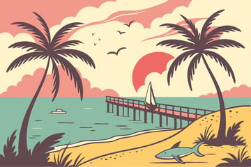 56 Tropical beach scenes, vibrant sunset colors, palm trees, wooden pier, calm ocean waters, cartoon style illustration, bright sun, fluffy clouds, island landscape, shark fin, sandy shores, tranquil 