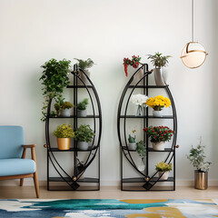 Modern Indoor Plant Shelves Against White Wall With Decoration