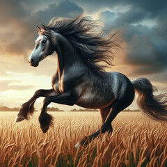Obraz premium Majestic horse galloping through golden fields under a dramatic sky at sunset