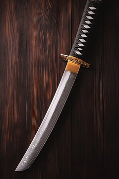 Japanese Tanto Knife on Wooden Surface Weapon Art Antique Blade Elegance Samurai Tradition