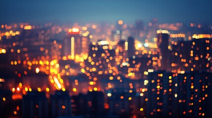 Bright Glowing City Lights Under Dusk Sky in Evening, Blurred Background