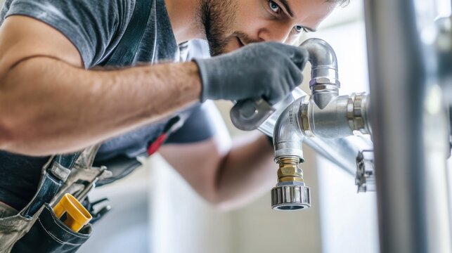 Construction worker installing plumbing pipes in a building. Featuring efficiency and expertise