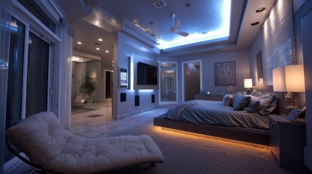 Contemporary master bedroom with integrated technology, soft mood lighting, and a calming color scheme.  
