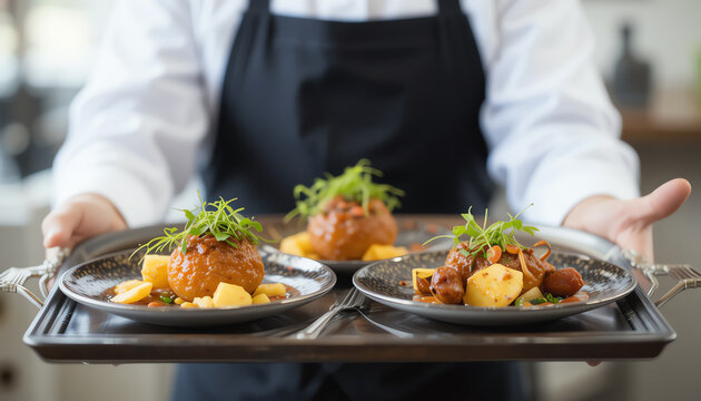 A chef presenting three elegantly plated gourmet dishes on a silver tray, showcasing exquisite culinary creativity and attention to detail.