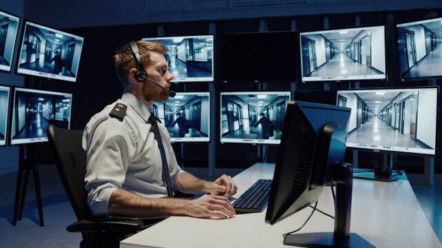 Security officer monitors multiple surveillance screens in a control room at a facility during nighttime shift