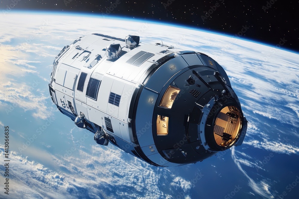 Poster a space station module orbits above earth, highlighting advanced design and engineering, the space s