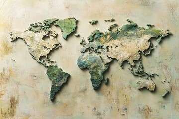 Textured world map with continents in relief against a mottled beige and green background showing earth