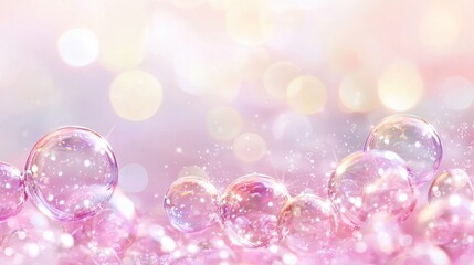 Delicate bubbles of varying sizes drift gracefully in shades of pink, surrounded by a soft, illuminated background that enhances a whimsical and tranquil mood