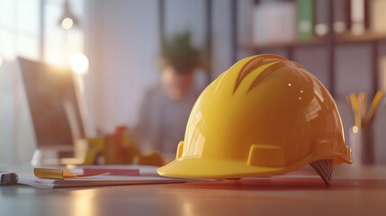 Yellow safety helmet on desk, workers shaking hands over new project plans, office at site