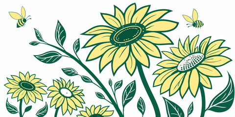 Vibrant Sunflowers and Busy Bees A Delightful Summer Floral Illustration