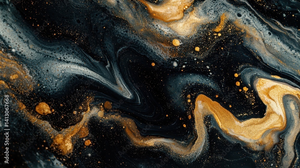 Poster vivid black and gold colors blend together in dynamic swirls and shapes, creating an eye-catching ab