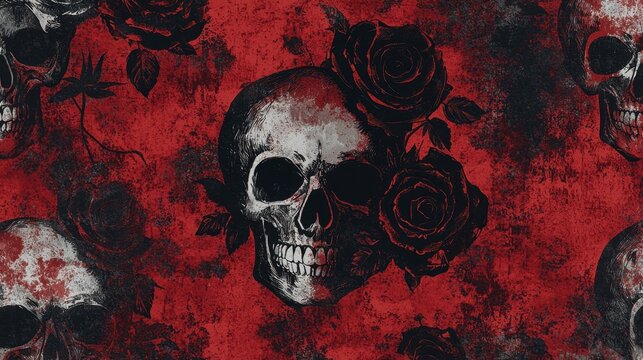A vivid design highlights skulls intertwined with black roses on a deep red backdrop. The contrast and detail create a haunting yet captivating aesthetic perfect for various applications