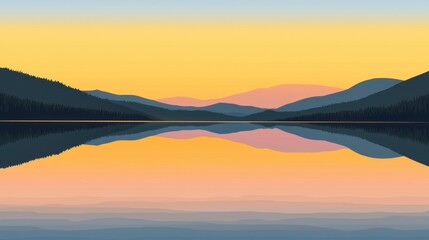 Fototapeta premium A serene lake mirrors distant mountains and a vibrant sky during sunset. The warm colors blend harmoniously, creating a calming atmosphere in nature