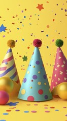 Festive party hats balloons confetti yellow backdrop celebration event fun decoration