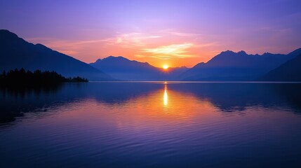 Naklejka premium Bright hues of orange and purple fill the sky as the sun sets behind majestic mountains. The calm lake mirrors the colors, creating a serene atmosphere at twilight