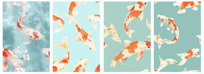 Fototapeta premium Vector pattern set of a koi fish swimming across a soft pastel blue background
