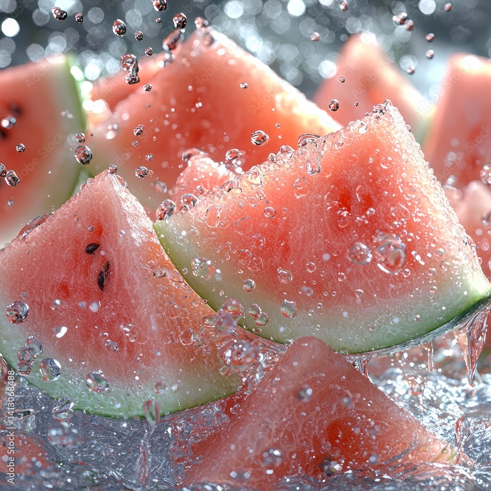 Poster refreshing watermelon slices cascading with sparkling water droplets closeup