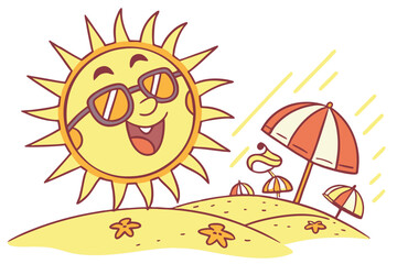 58 Cartoon sun character, smiling sun face, sunglasses with beach reflection, colorful beach umbrella, bright yellow rays, summer vacation concept, cheerful expression, vector illustration, vibrant co