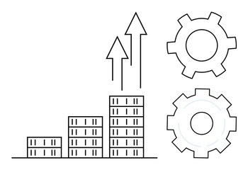 Bar chart with ascending levels, upward arrows, and two gears signify growth, operations improvement, and advancement. Ideal for business strategy, success, development, planning performance