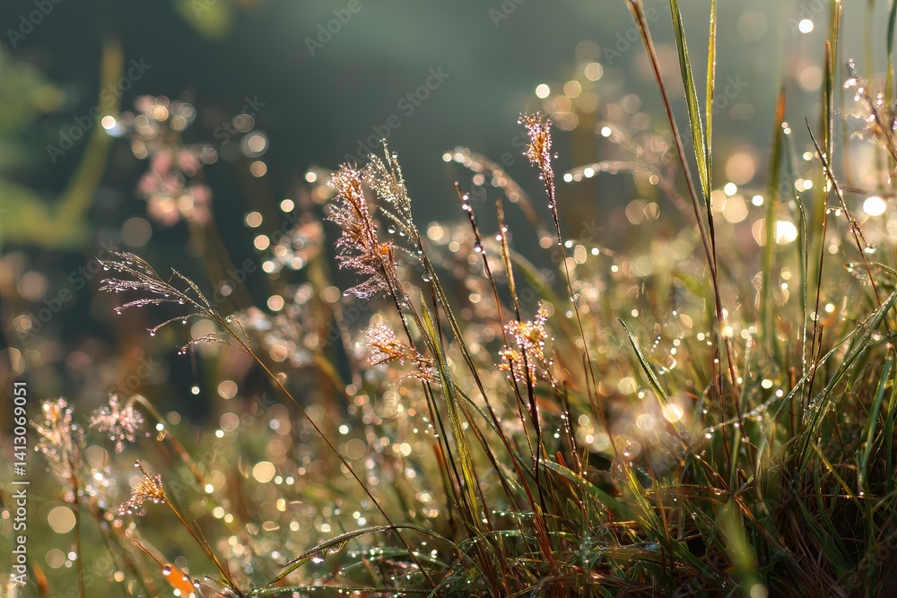 Poster dew drops on grass and wildflowers in soft morning light creating a bokeh effect in the background
