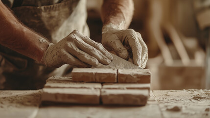 Close-up of pro worker with pan knife, layering bricks with wet mortar