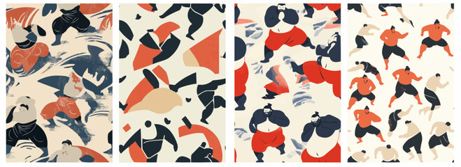 Vector pattern set of stylized sumo wrestlers in action with bold graphic shapes background