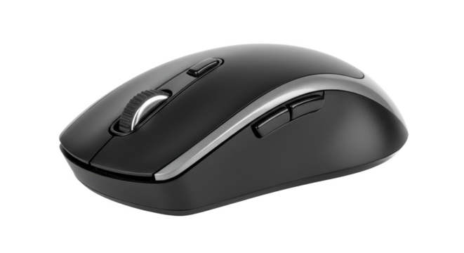 A close up shot of a sleek black computer mouse with silver trim on a black background surface view