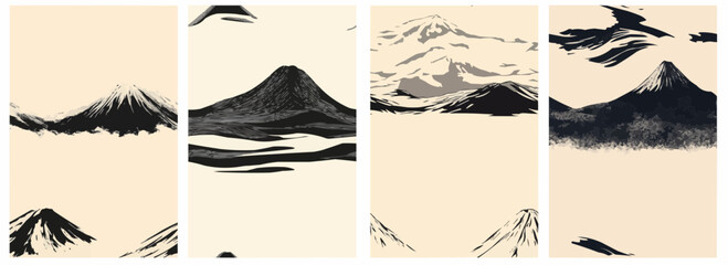 Vector pattern set of a thin minimalist Mount Fuji silhouette in black on a cream background