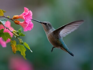 Fototapeta premium Graceful hummingbird feeding on a vibrant pink flower in mid-flight, symbolizing natures beauty and delicate balance. Ideal for wildlife documentaries, nature blogs, and conservation campaigns.