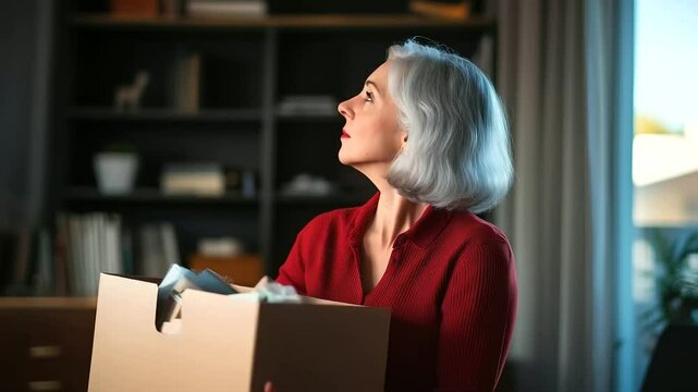 A senior woman in a stylish yet comfortable home, gently closing a box filled with sentimental belongings, ready for the next chapter