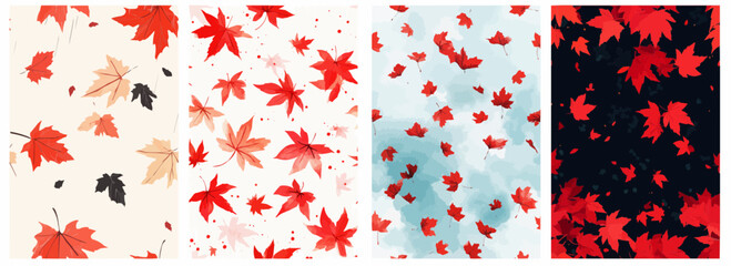 Vector pattern set of vibrant red maple leaves raining from the sky background