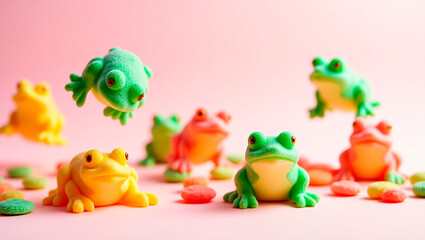 Photo of jumping cute colorful jelly frog figurines