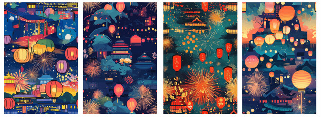 Vector pattern set of vibrant festival scene with lanterns and fireworks background