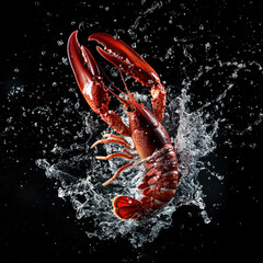 Product photography, an Australian lobster in the air, surrounded by water, a pure black background Generative AI	
