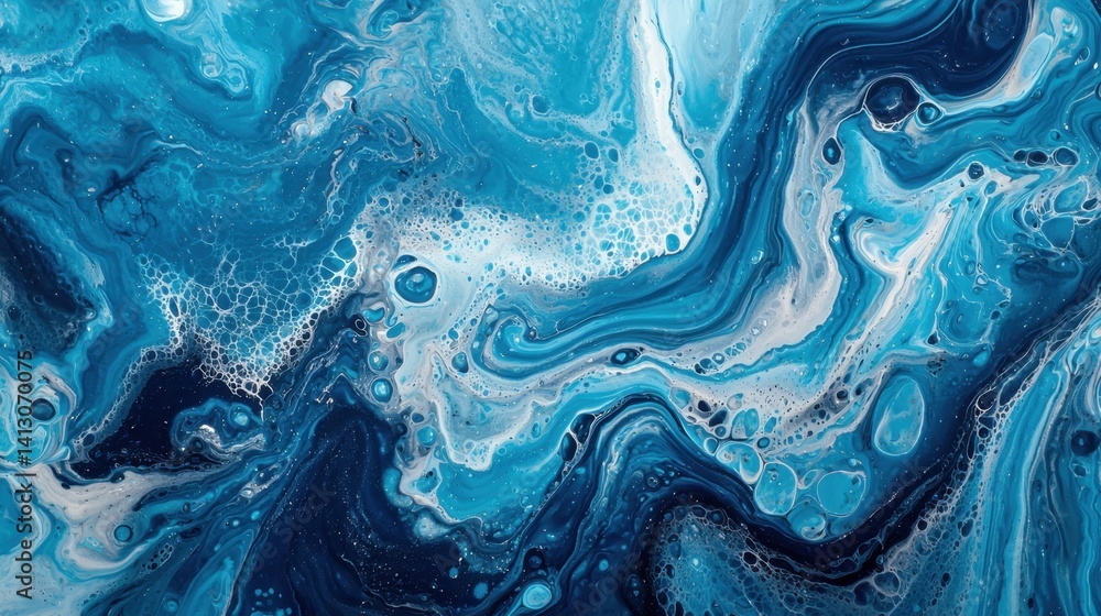 Poster vibrant blue hues blend together in a swirling pattern, creating an abstract display of fluid art. t