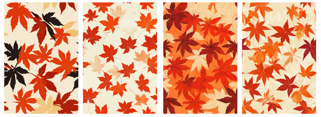 Vector pattern set of stylized maple leaves in red orange tones background