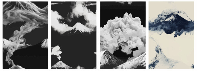 Vector pattern set of a wisp of ink cloud forming above tiny Mount Fuji background