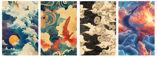 Vector pattern set of a soaring wind god over a spiral cloud sea background
