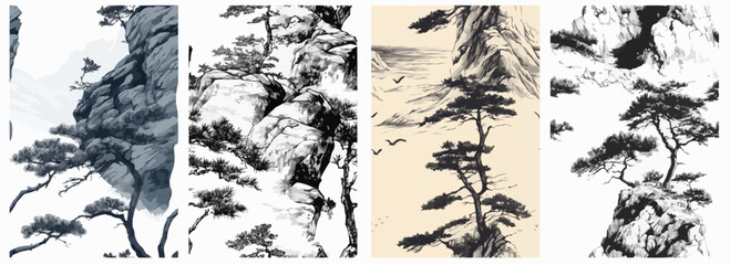 Vector pattern set of wind-swept pine trees on rocky cliffs in traditional ink style background