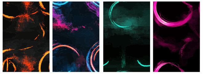 Vector pattern set of a glowing neon zen circle on a black background