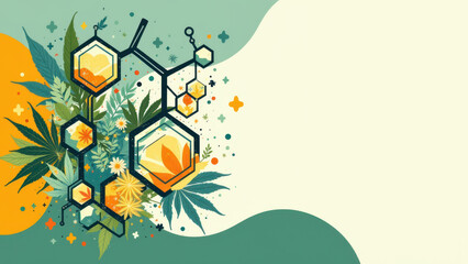 Stylized illustration of Tetrahydrocannabinolic acid (THCA) with molecular structures, cannabis leaves, and chemical symbols.